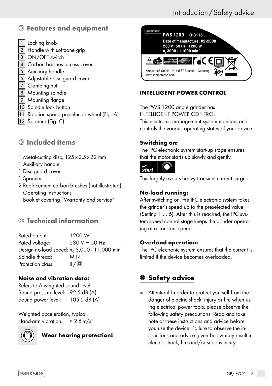 Kompernass PWS 1200 manual Introduction / Safety advice, Features and equipment, Included items, Technical information 